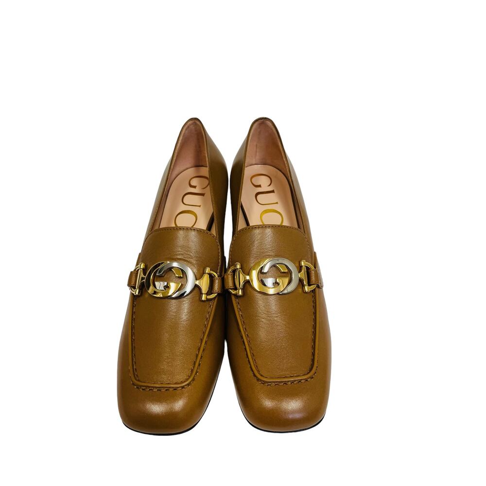 GUCCI Brown Leather Interlocking G Zumi Logo Square Toe Block Heel Loafers 36.5 - Picture 4 of 10